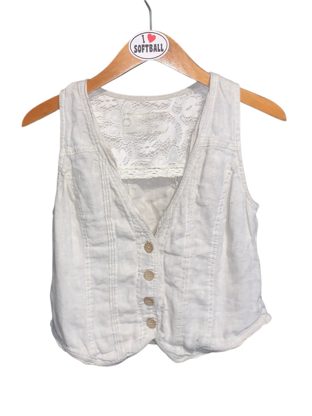 Coldwater Creek Womens Linen Button Front Vest Gray Lace Trim Sleeveless Casual